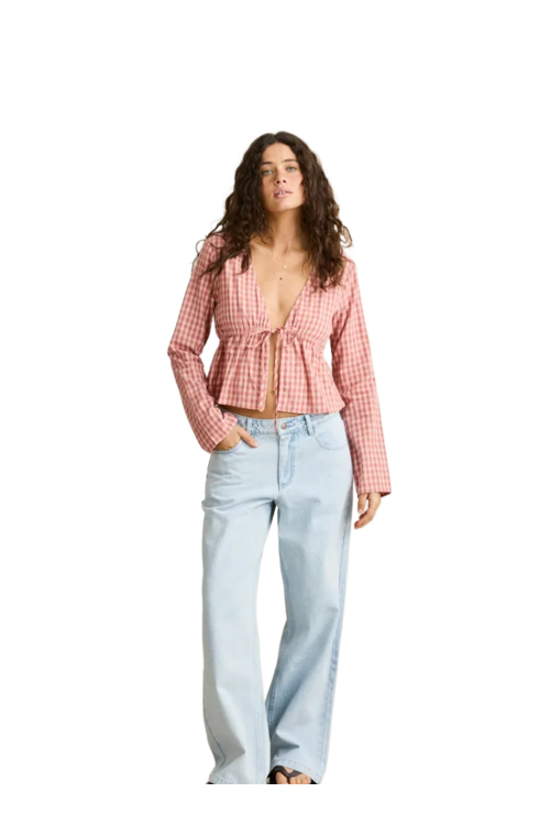 KIRRA CHECK TIE FRONT LONGSLEEVE TOP